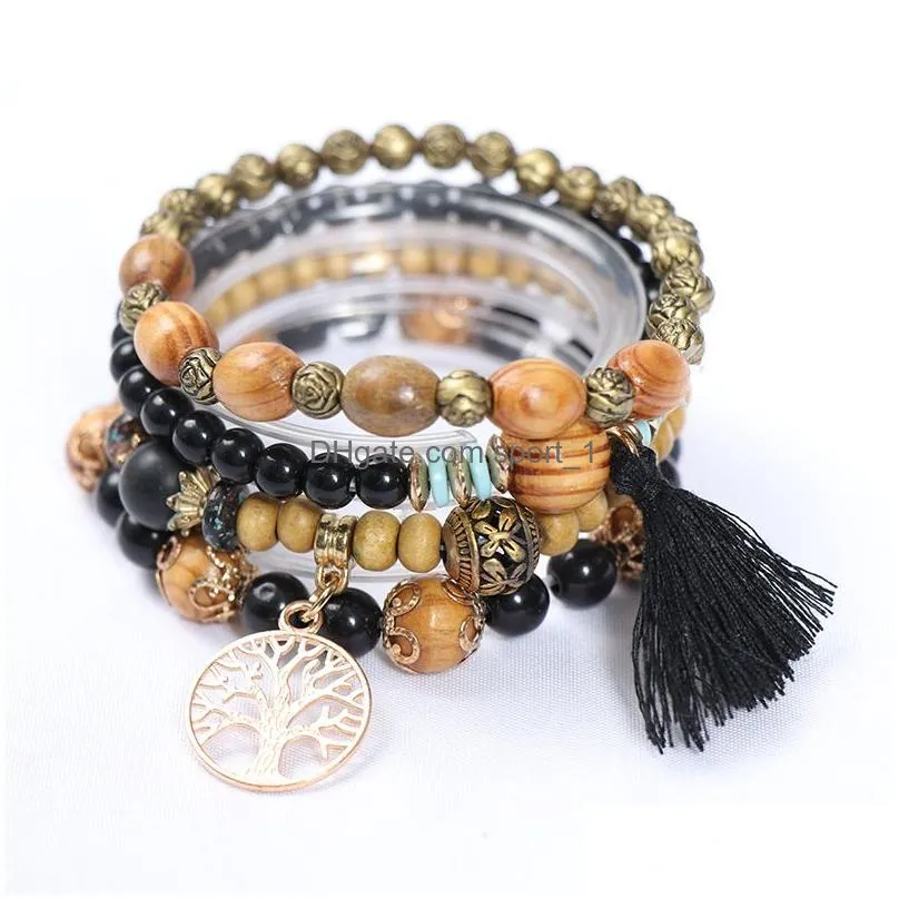 bohemian tassel bracelet wood beads beaded bracelet life tree pendant bracelets 4pcs/set