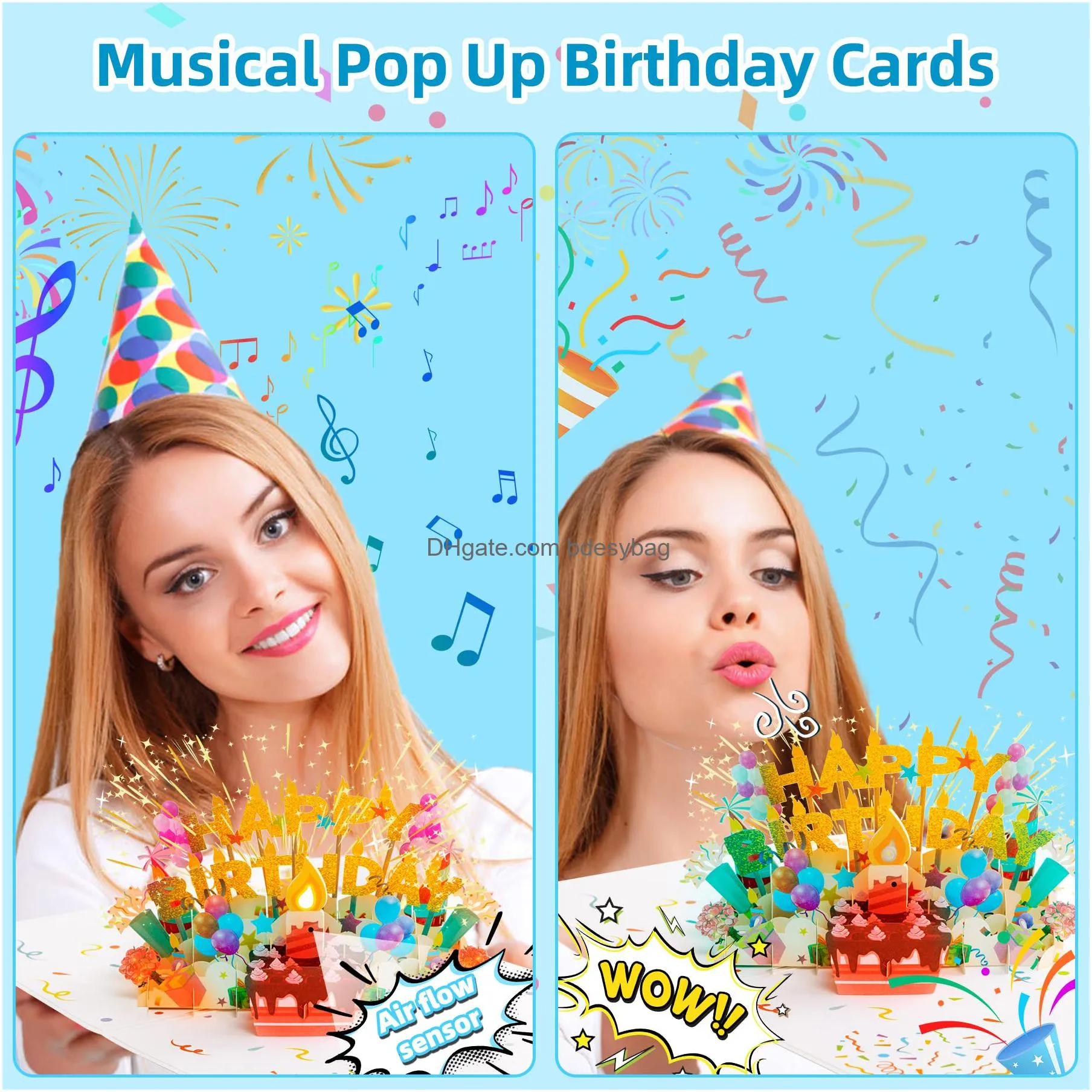 musical birthday card with light blowable candle 3d colourful light popup cards with happy birthday music blow out led light candle cheers sound bday gift greeting cards for women kids men