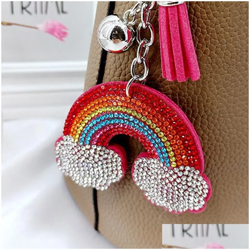 diamond rainbow keychains tassel keychain womens bag decoration pendant fashion accessories keyring key chain