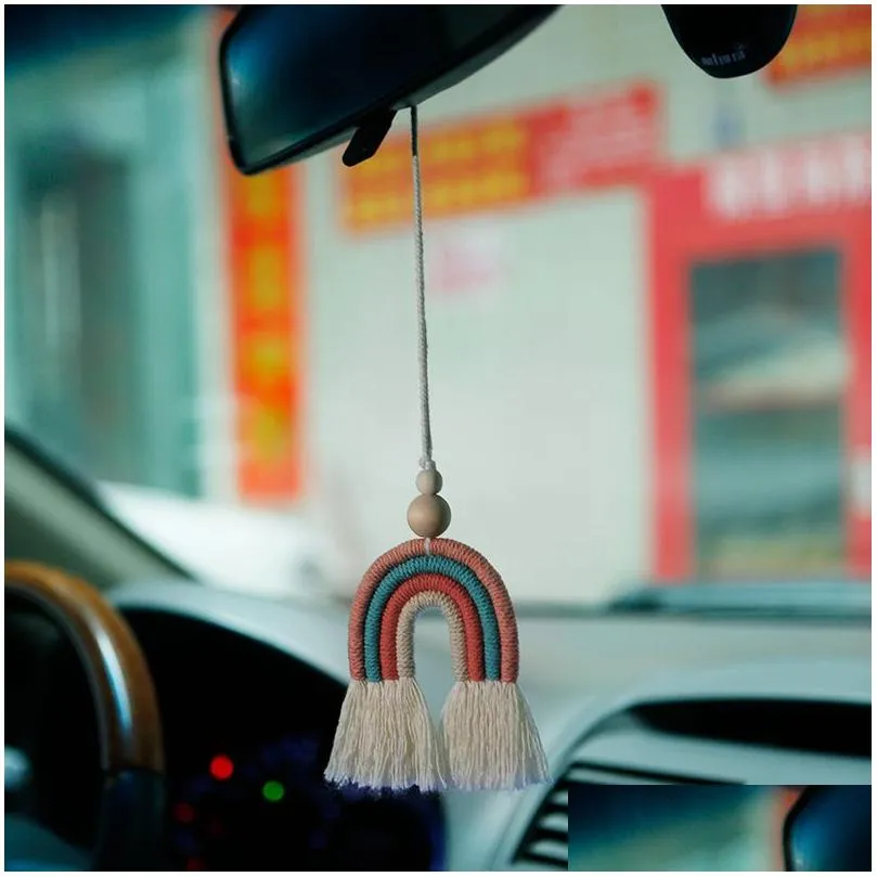 hand woven rainbow car decoration pendant party favor wooden beads cotton rope european style aromatherapy pendants 3 colors