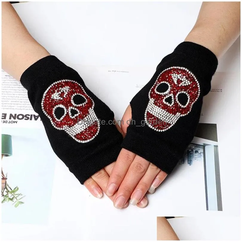 new thin gloves hot rhinestone skull men and women exposed half finger student autumn and winter writing touch screen gloves