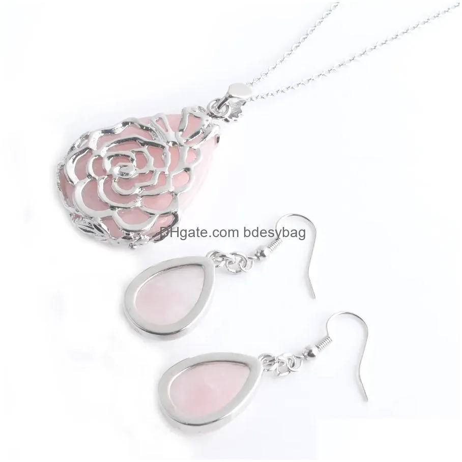natural stone earrings chain necklace teardrop rose quartzs dangle pendant jewelry set for women girl as gift q3077