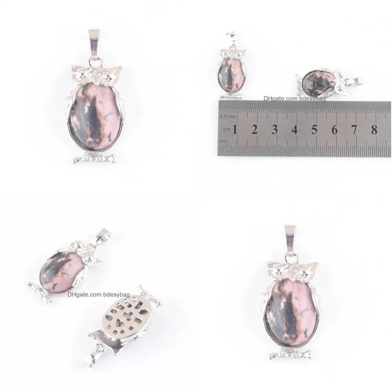 natural stone rhodonite tiny owl pendants reiki lucky animal cute charm jewelry for women man gift n4670