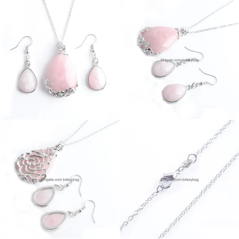 natural stone earrings chain necklace teardrop rose quartzs dangle pendant jewelry set for women girl as gift q3077