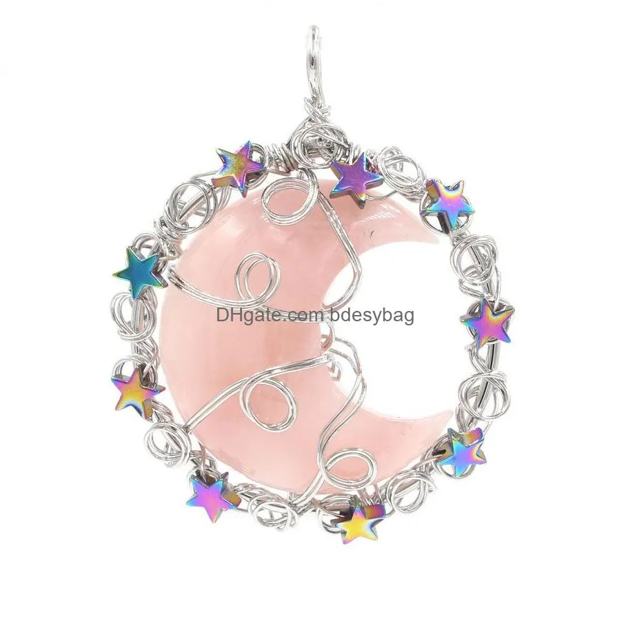 yowost pendant handmade natural healing amethysts rose quartz stone stars and moon circle the sky gem pendant fashion jewelry bh022