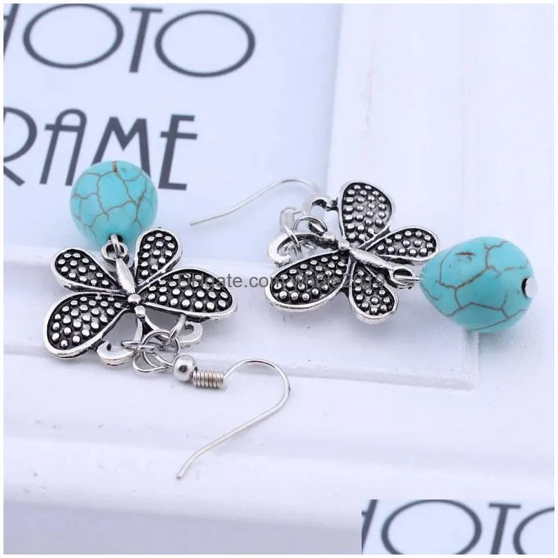 womens butterfly drops tibetan silver turquoise charm earrings gstqe023 fashion gift national style women diy earring