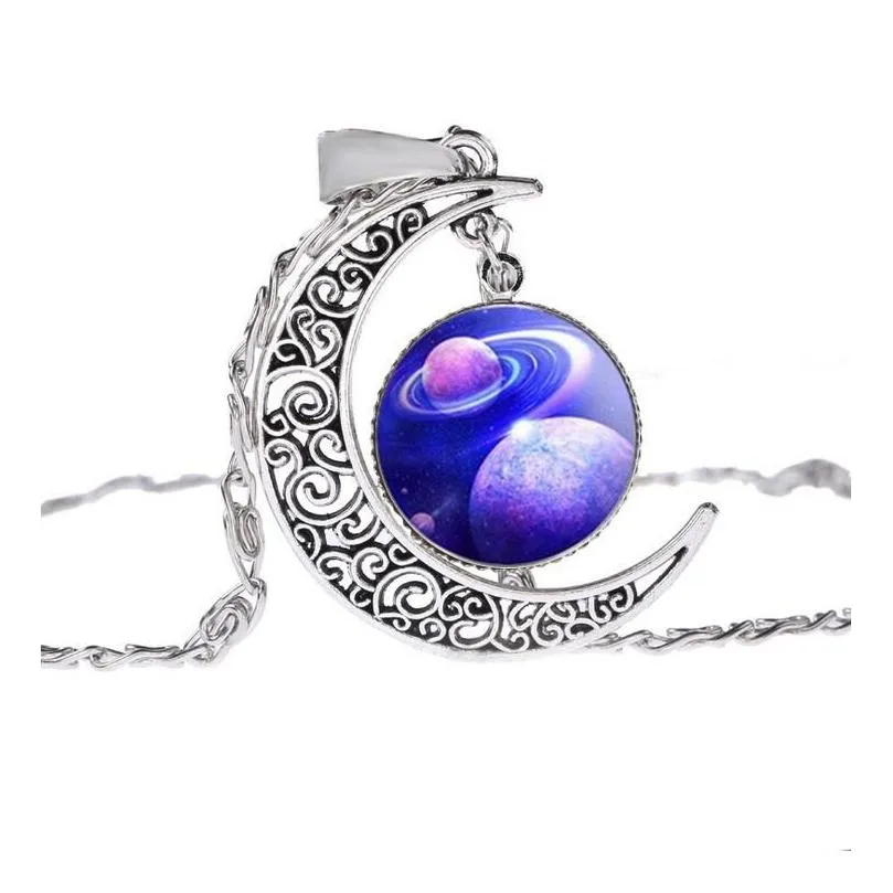 mens and womens star sky moon pendant sweater chain time gem glass necklace gsfn205 with chain mix order 20 pieces a lot