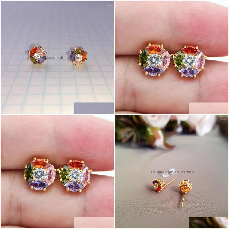 stud earrings luxury 925 silver needle gold plated rainbow cubic zirconia fashion ladies simple round mini gift