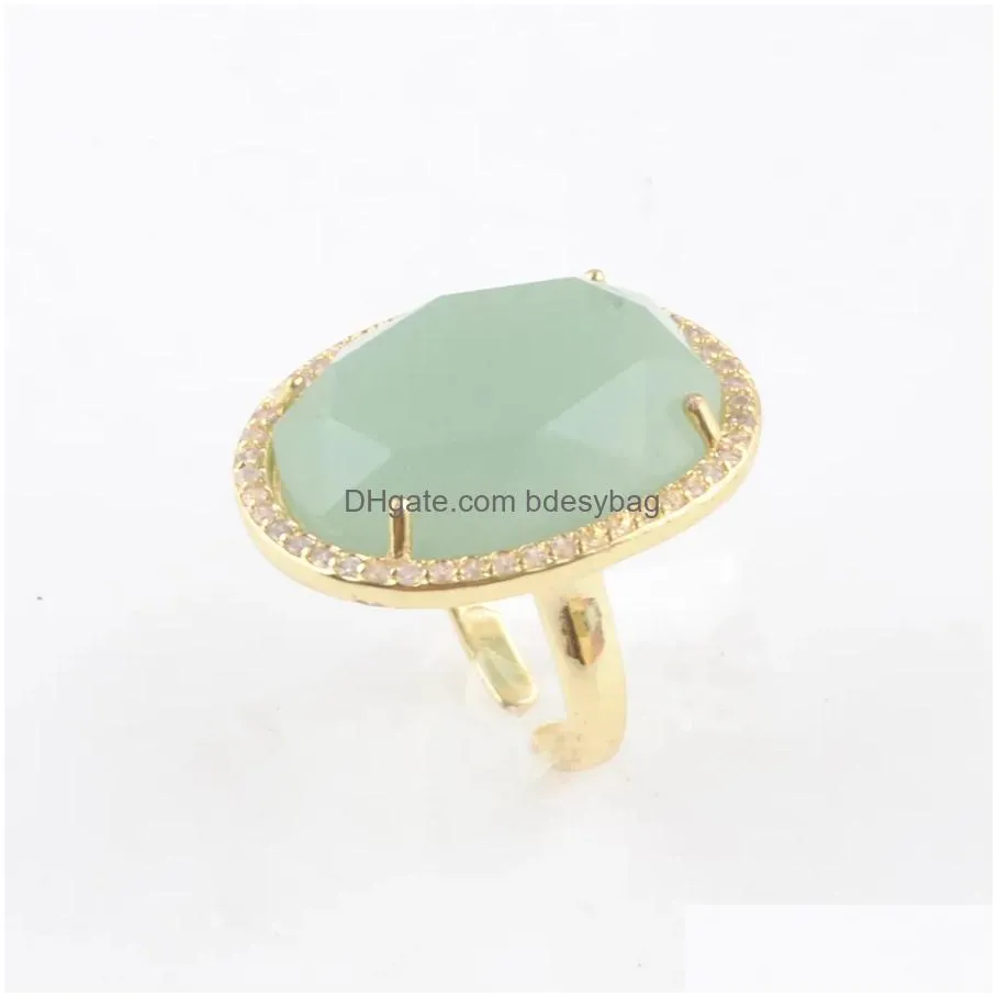 women male adjustable rings with side stones natural stone faceted turquoises opening gold color plated crystal cz zircon rhinestone