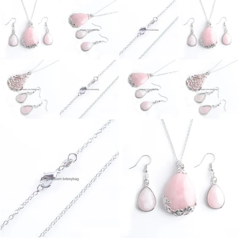 natural stone earrings chain necklace teardrop rose quartzs dangle pendant jewelry set for women girl as gift q3077