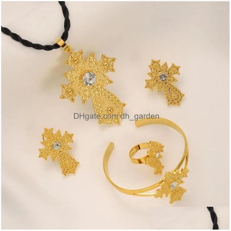 necklace earrings set gold color ethiopian dubai cross pendant ring wedding bride habesha sets african party gift