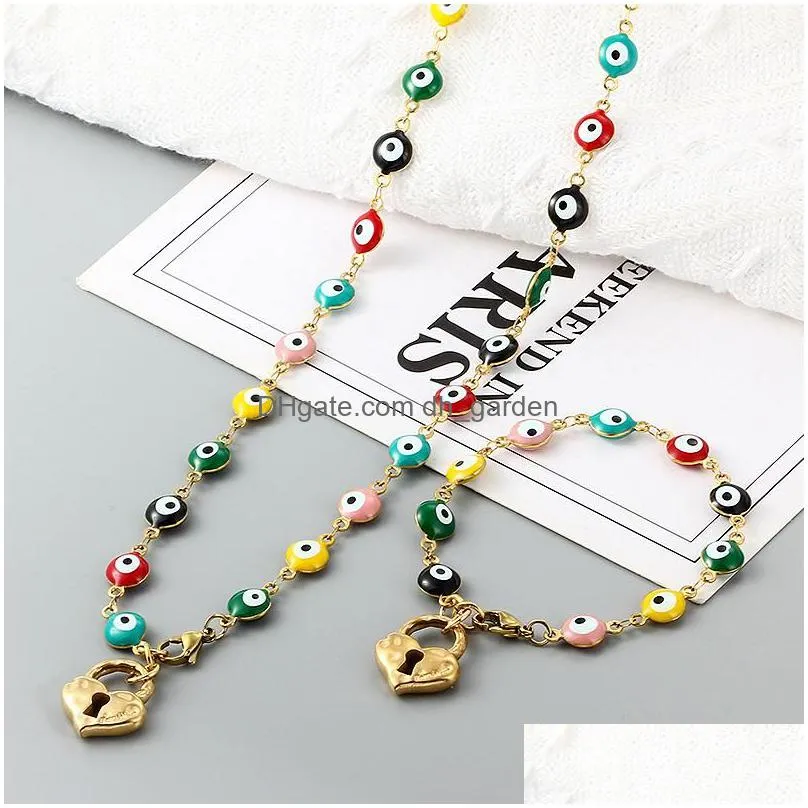 earrings necklace fashion silver color gold stainless steel women men heart 50 lock key opal eye bead chain bracelet sets