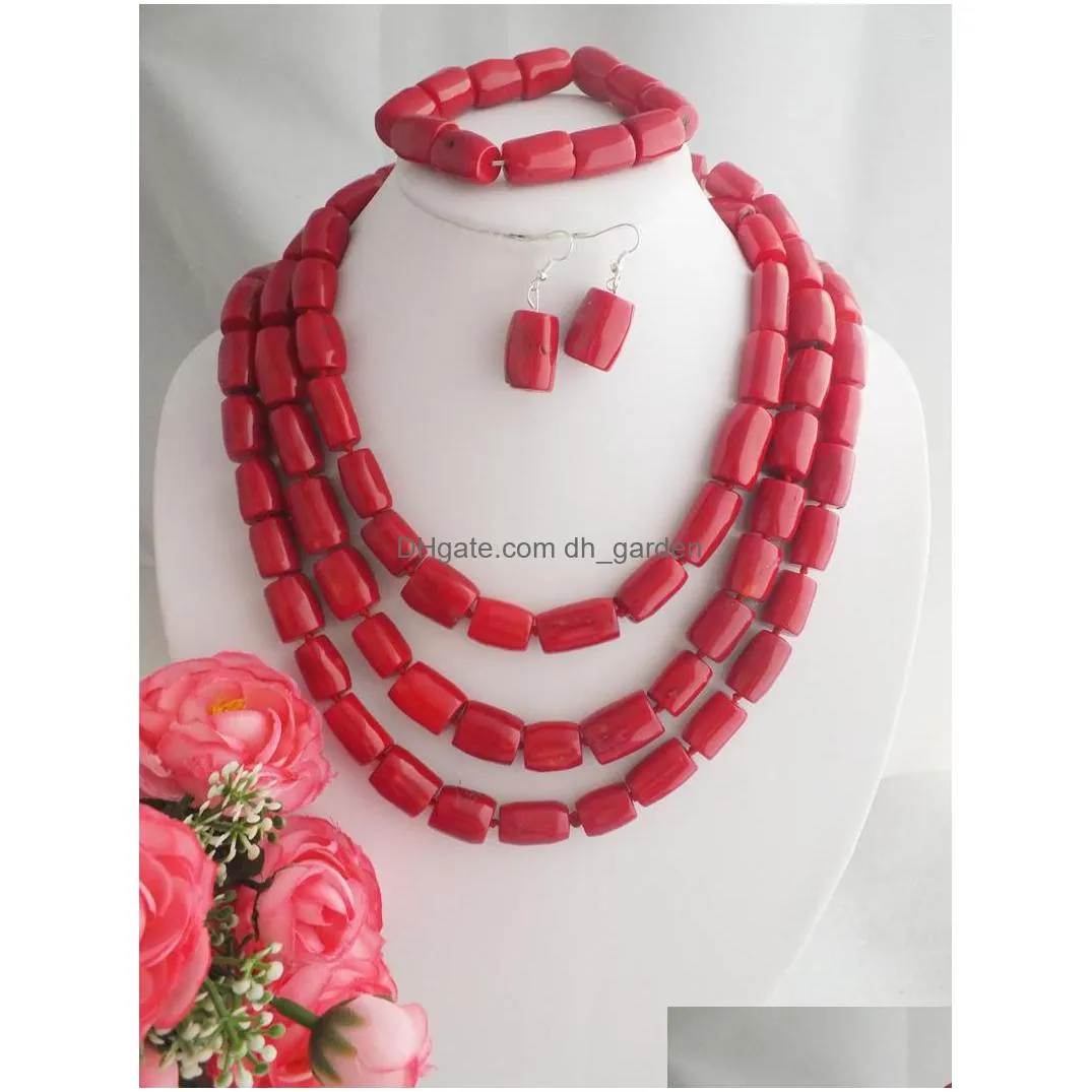 necklace earrings set amazing red coral beads wedding african nigerian artificial sets