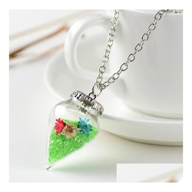 drifting bottle pendant necklace glass cover dried flowers hay wishing bottle gsfn290 with chain mix order pendant necklaces