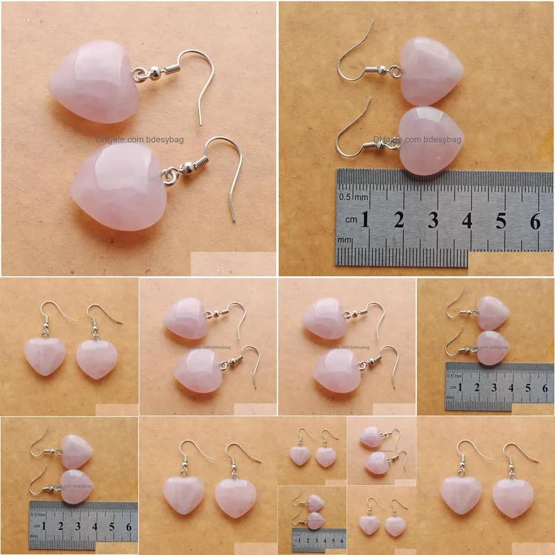 natural rose quartzs beads stone dangle chandelier earrings for women romantic heart shaped pendant hanging earring fashion jewelry