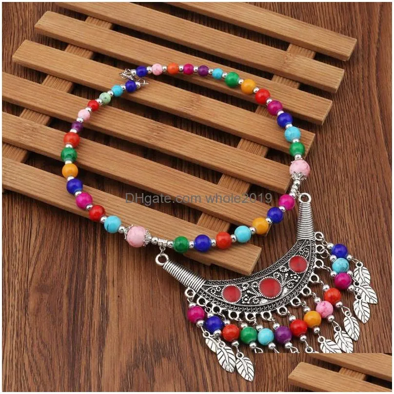 womens carved colorful beads tibetan silver turquoise pendant necklaces gstqn011 fashion gift national style women diy necklace