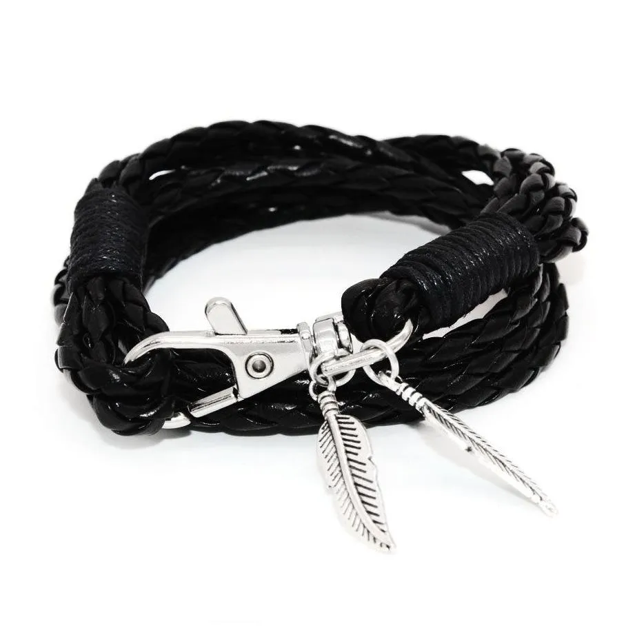 new lobster clasp feather pendant bracelet with multilayer woven leather rope gsfb120 mix order 20 pieces a lot charm bracelets