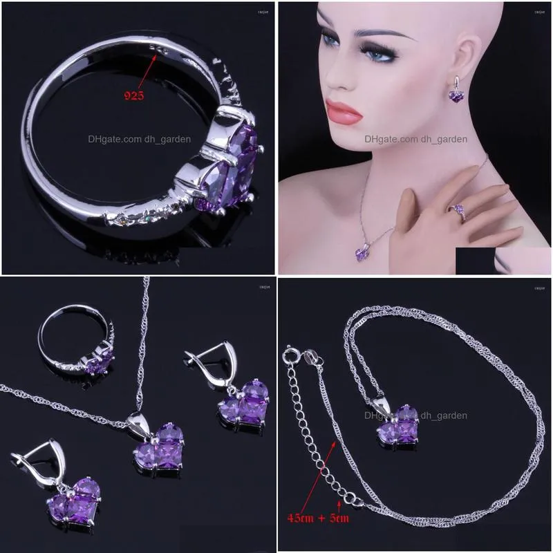 necklace earrings set delightful heart shaped purple cubic zirconia silver plated pendant chain ring v0977