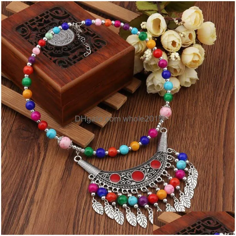 womens carved colorful beads tibetan silver turquoise pendant necklaces gstqn011 fashion gift national style women diy necklace