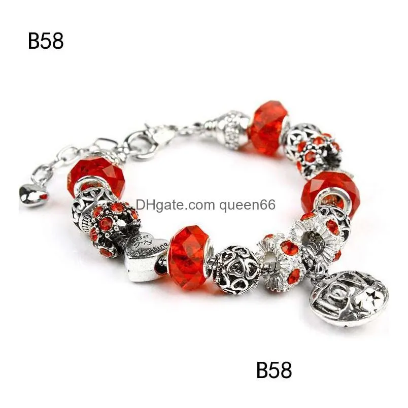 hollow lettering tibetan silver glass beads charm bracelet brand womens diy european beads bracelet 6 pieces a lot mixed style gtpdb7