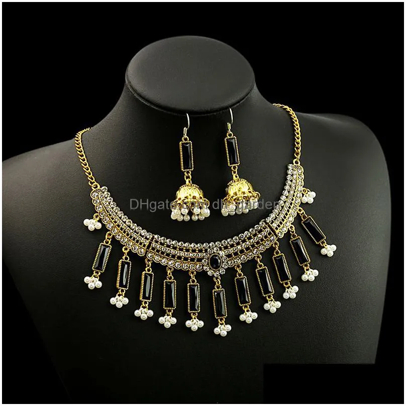 necklace earrings set vintage rhinestone bride for women luxury flower water drop banquet wedding jewelry wholesale