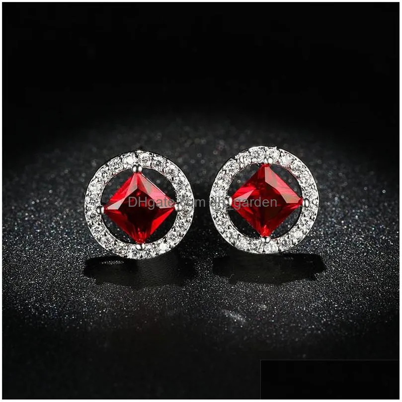 stud luxury female crystal white square earrings dainty rainbow round for women silver color wedding earringsstud