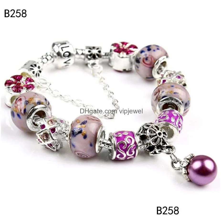 snowflake butterfly tibetan silver glass beads charm bracelet fashion womens diy european beads bracelet 6 pieces a lot mixed style