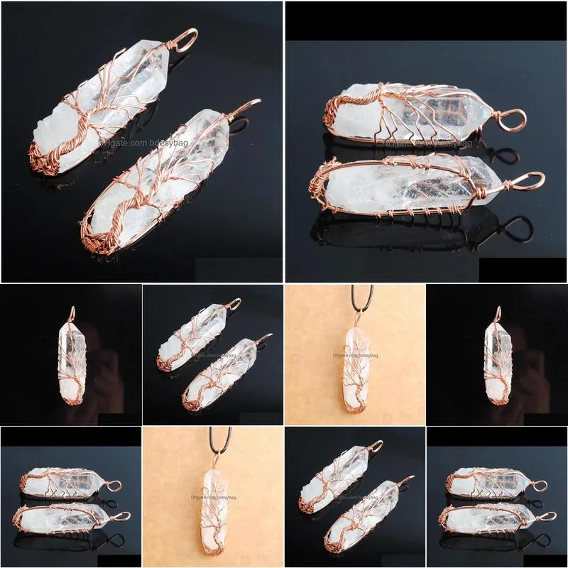 natural white crystal pillar pendants handmade white rose gold wire wrapped tree of life for necklace jewelry n3752