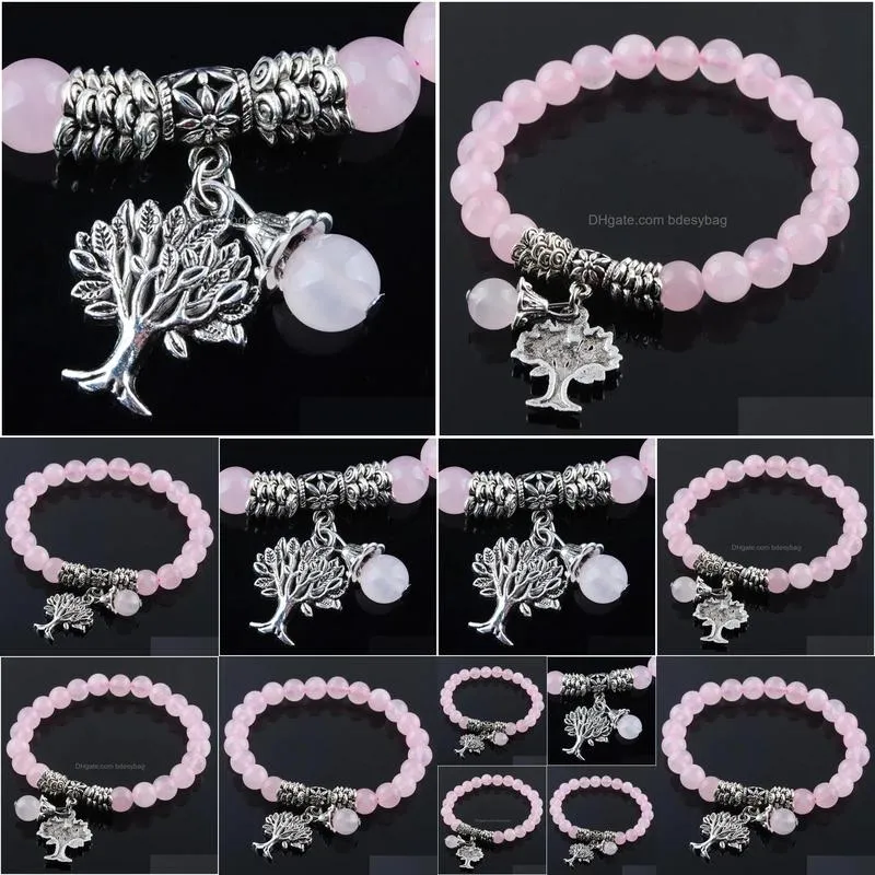 8mm natural rose quartzs strand stone bracelet pink crystal beads beaded stretch bangle metal tree of life charms jewelry k3219