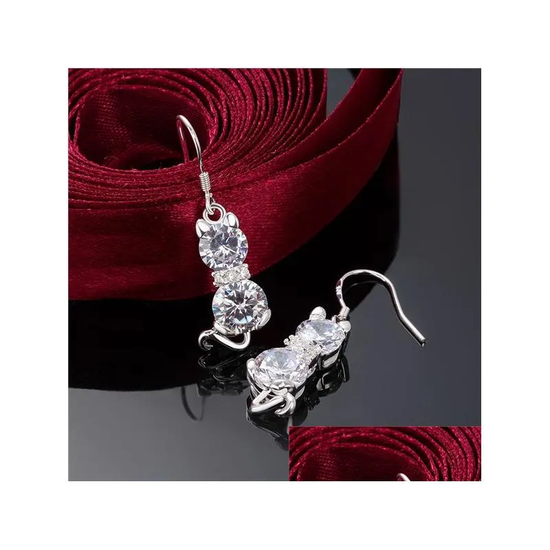 womens sterling silver plated double stone cat earrings dangle chandelier gsse335 fashion 925 silver plate earring gift