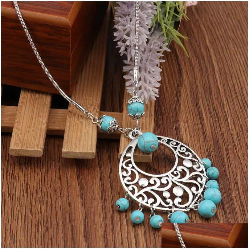 womens carved tassel hollow tibetan silver turquoise pendant necklaces gstqn014 fashion gift national style women diy necklace