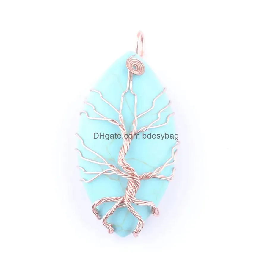 natural stone tree of life pendants rose gold wire wrap marquise shape jewelry turquoises purple crystal bn447