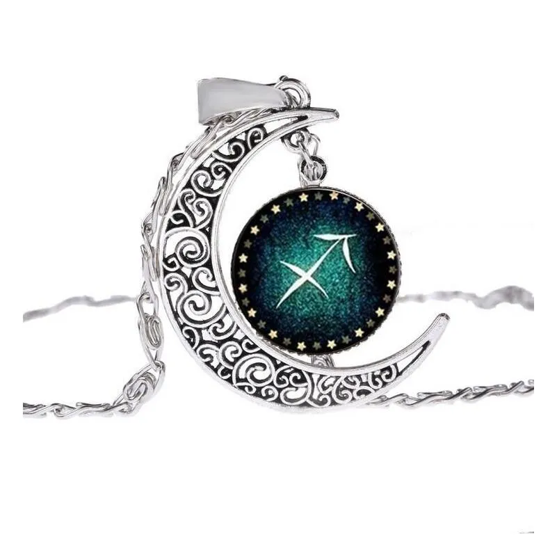 new 12 constellations pendant moon time gem necklace sweater chain gsfn203 with chain mix order 20 pieces a lot