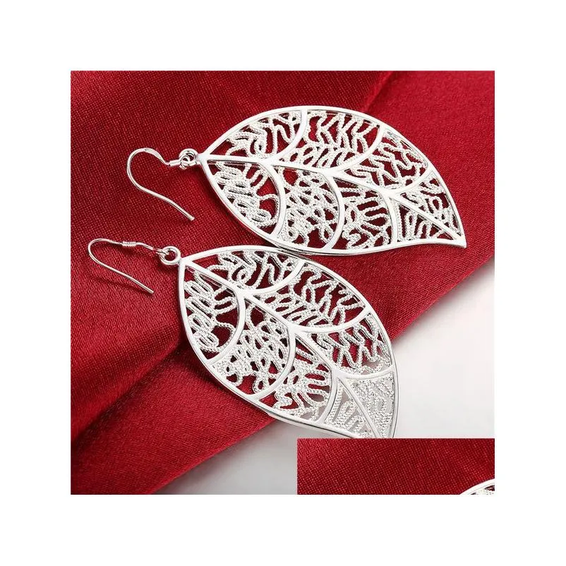 womens sterling silver plated hanging leaf charm earrings gsse128 fashion 925 silver plate earring jewelry gift