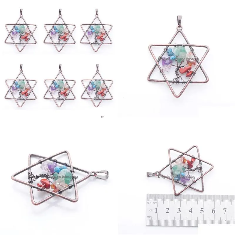 natural chips gem stone 7 chakra reiki tree of life pendants women man jewelry five pointed star metal copper n3810