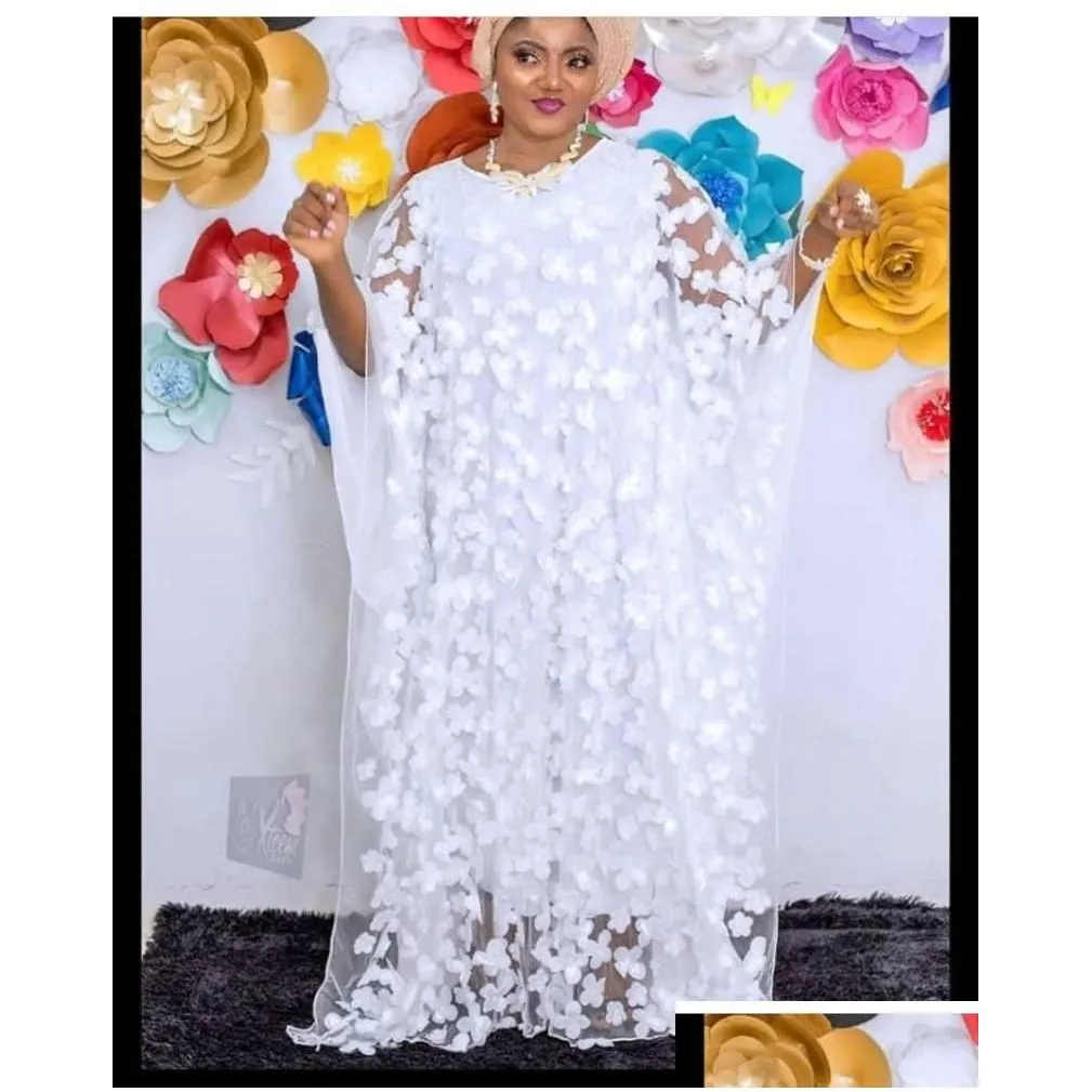 women solid lace embroidery flower dresses mesh oneck batwing sleeve loose plus size robe vest long dress african style