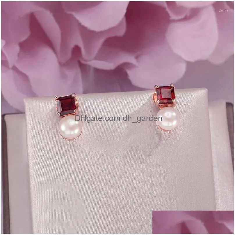 stud earrings fine jewelry pure 925 silver sterling garnet red natural freshwater pearls earring for women brincos ccei038