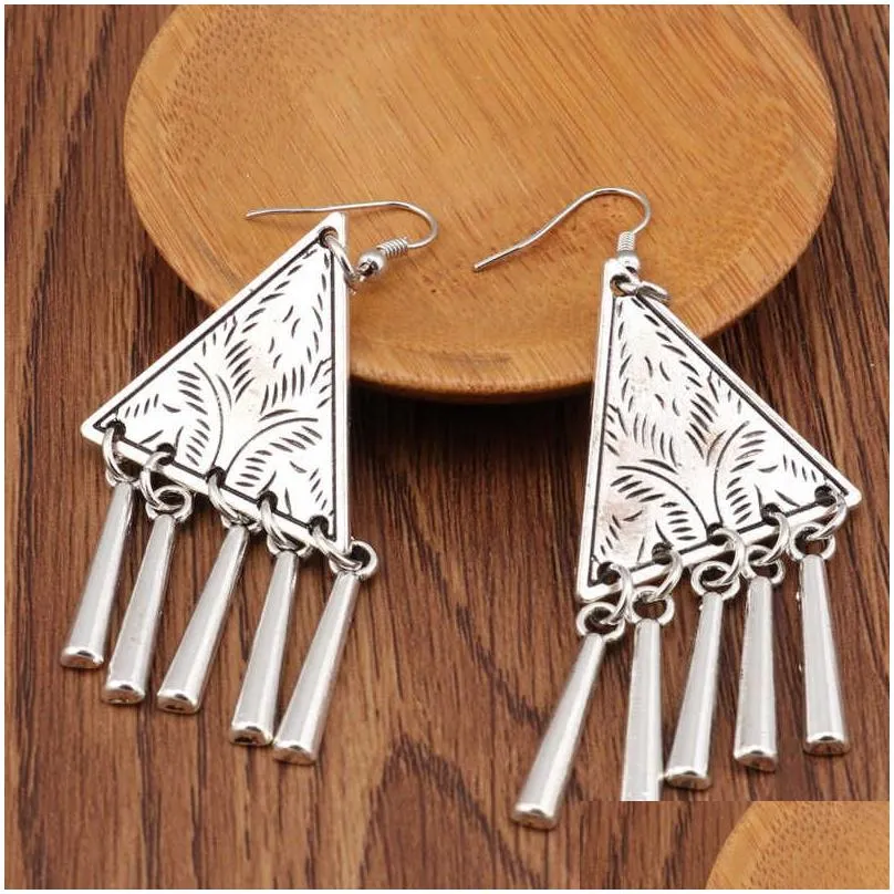 womens triangle pattern tibetan silver dangle chandelier earrings gstqe014 fashion gift national style women diy earring