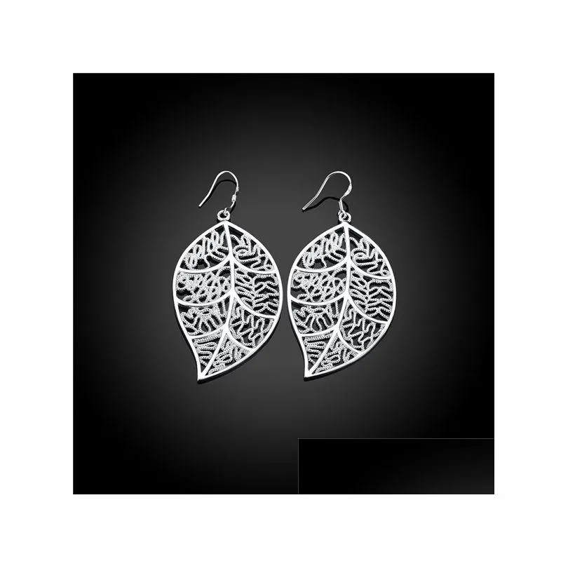 womens sterling silver plated hanging leaf charm earrings gsse128 fashion 925 silver plate earring jewelry gift