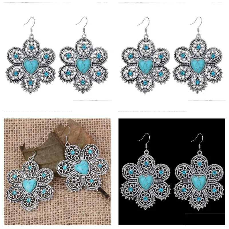 womens hollow sunflower tibetan silver turquoise charm earrings gstqe089 fashion gift national style women diy earring