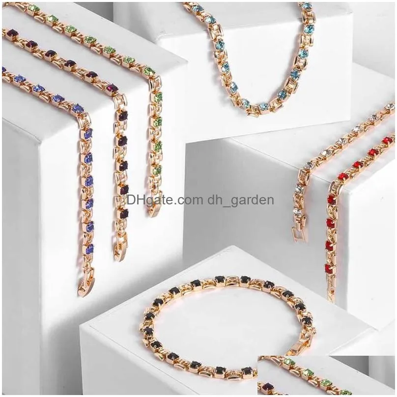 necklace earrings set rose gold bracelet for women girls blue red clear white cubic zircon cz square link chain luxury jewelry gift