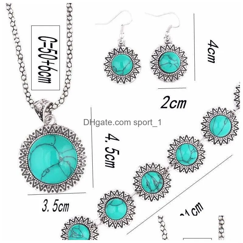 womens round beads tibetan silver turquoise bracelet earrings necklace set gstqs004 fashion gift national style women diy jewelry