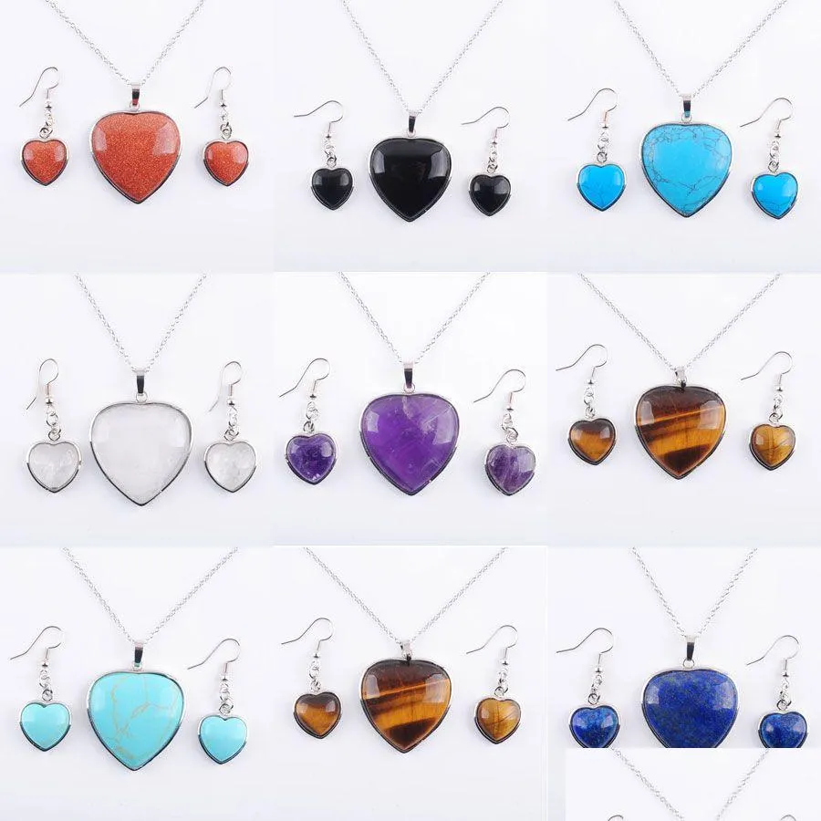 jewelry set for women pendant necklace hoop earrings party love heart reiki chakra beads stone amethysts agates crystal bq308