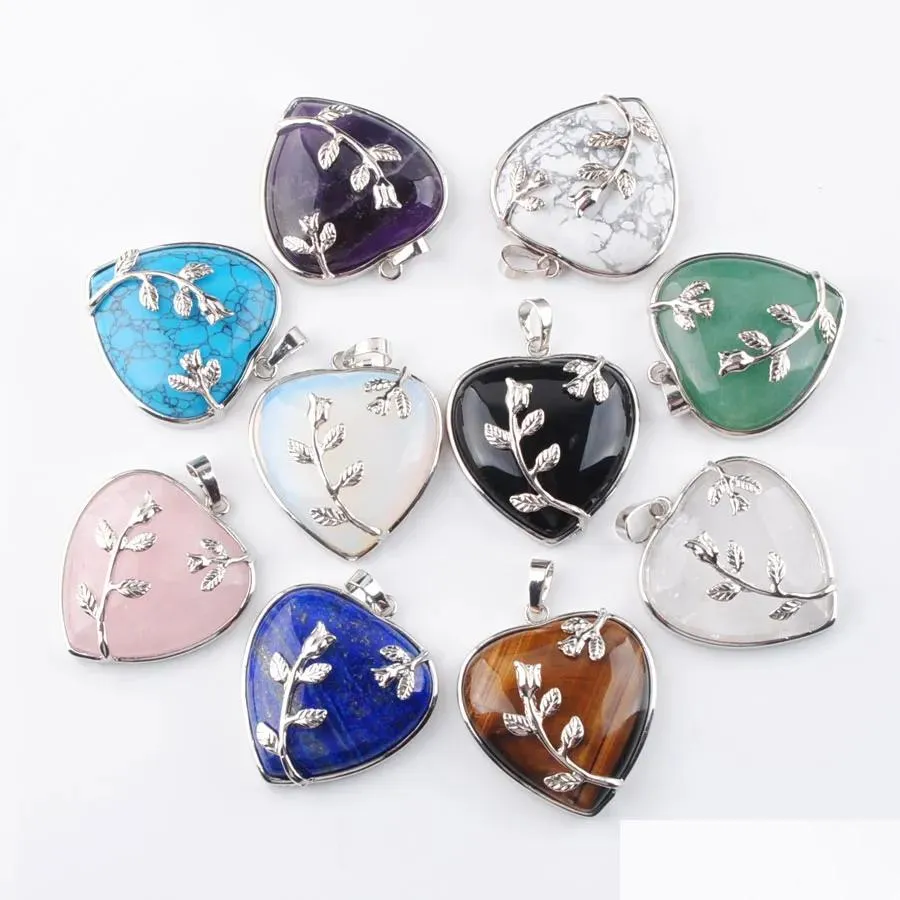 natural stone heart bead dangle pendant flower healing reiki chakra jewelry blue sand lapis amethysts opal bn316