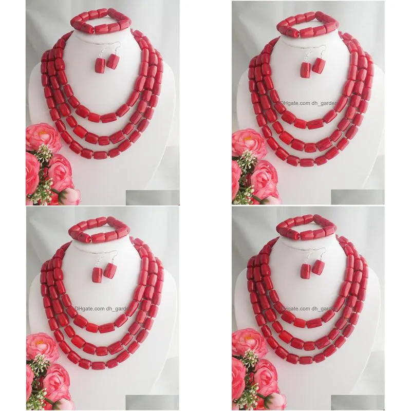 necklace earrings set amazing red coral beads wedding african nigerian artificial sets