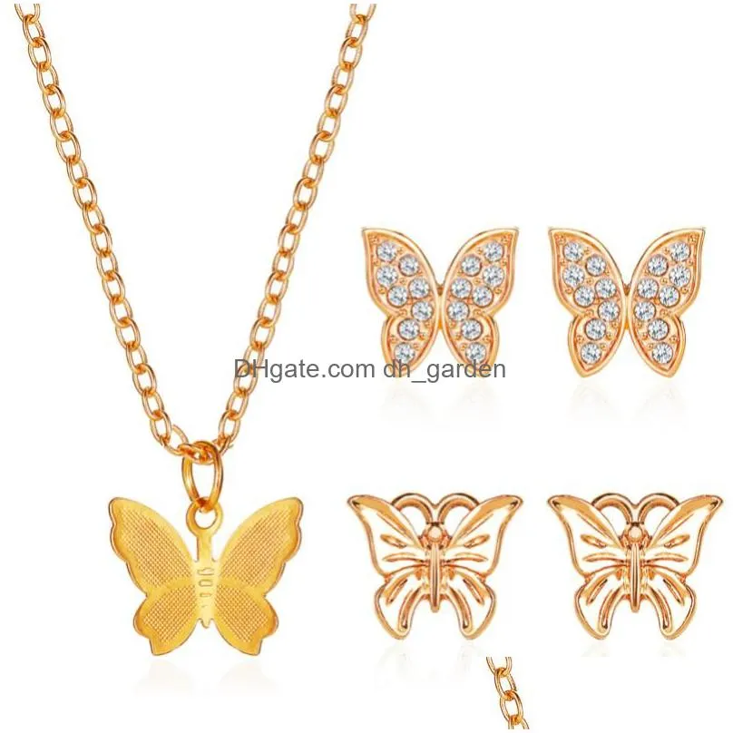 necklace earrings set hollow golden butterfly bling clear starry crystal alloy stud earring pendant for women