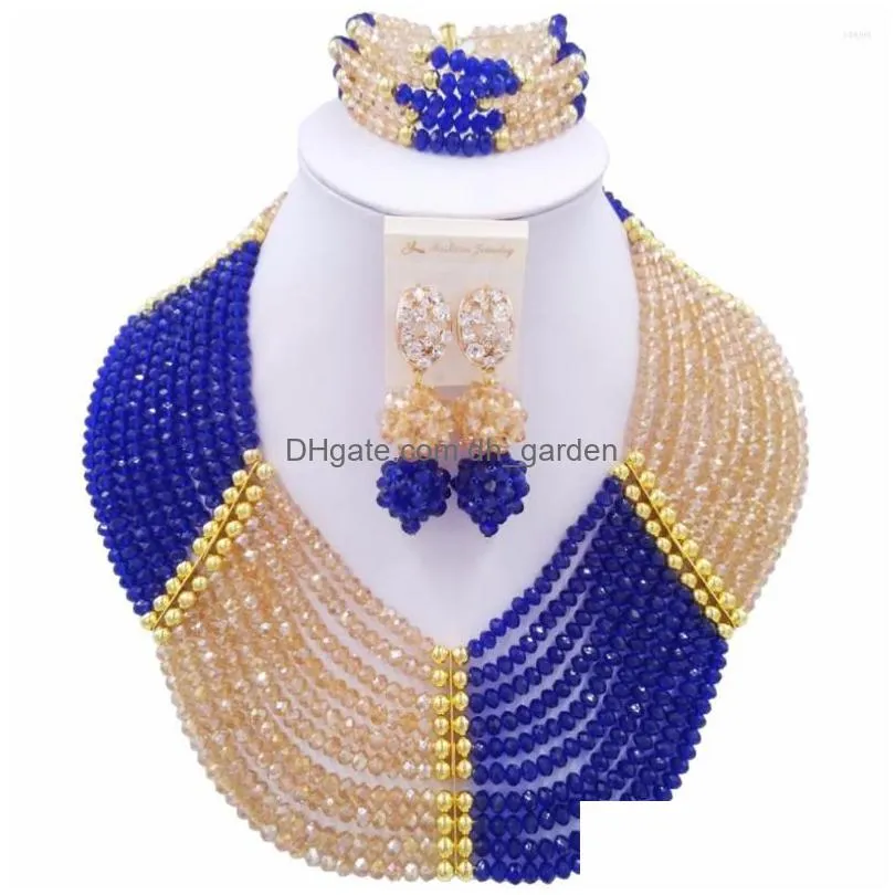 necklace earrings set aczuv royal blue gold nigerian traditional wedding african beads jewelry 10cch004