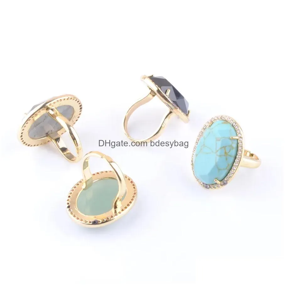 women male adjustable rings with side stones natural stone faceted turquoises opening gold color plated crystal cz zircon rhinestone