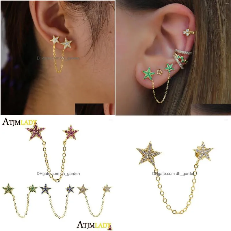 stud earrings 2022 summer romantic 1 piece cz star 2 earring with chain white red green blue charm rainbow for women