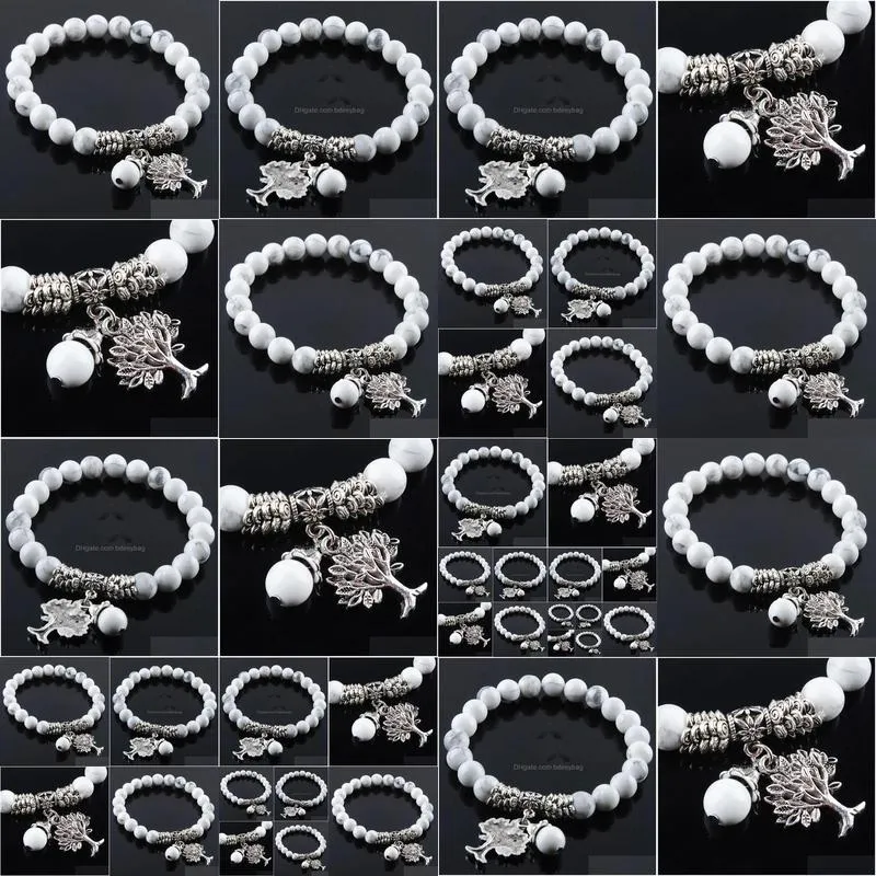 white turquoises semiprecious stones beaded bracelet 8mm beads tree of life charms jewelry k3220